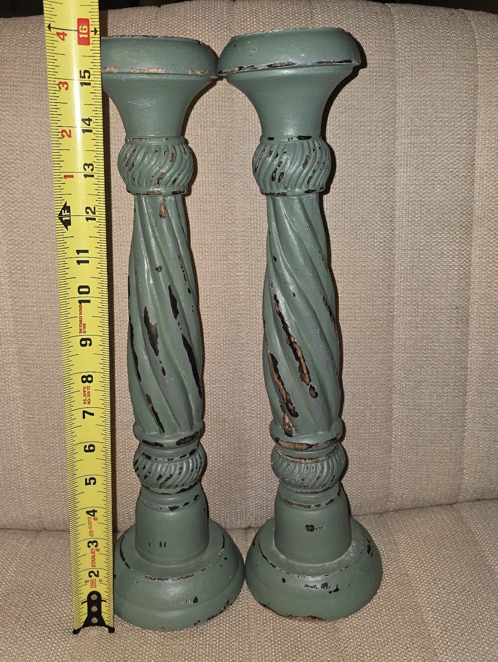 Large Vintage Wooden Candlestick Pair -  Distressed